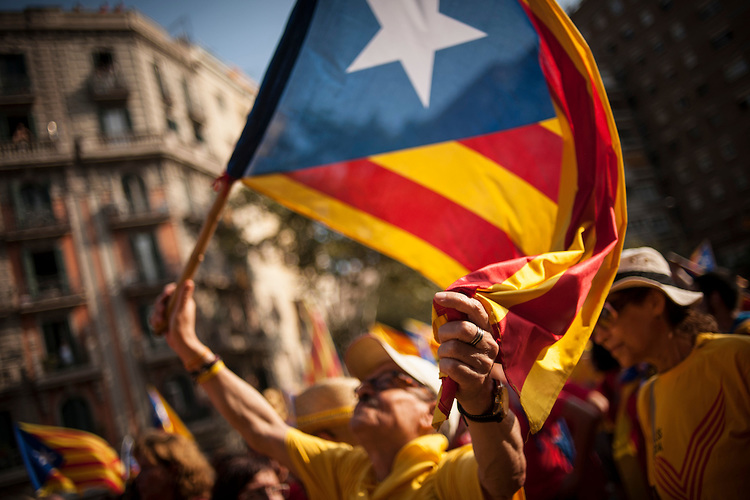 Gizon bat 'estelada' eskutan, Diadaren ospatzeko,  antolatutako Via Catalana ekimenean. Barcelona (Catlalunya). 2014ko Irailaren 11. Via Catalana ekimenak V erraldoi bat osatzea zuen helburu, Gran Via eta Diagonal karrikak jendez betez. (Gari Garaialde / Bostok Photo)